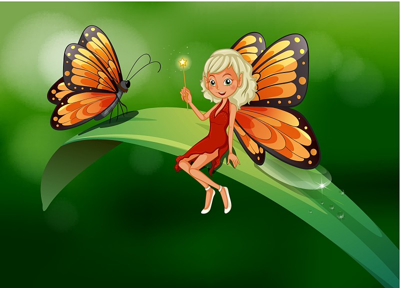 一个仙女和一只蝴蝶在一片长叶子的顶端图片下载