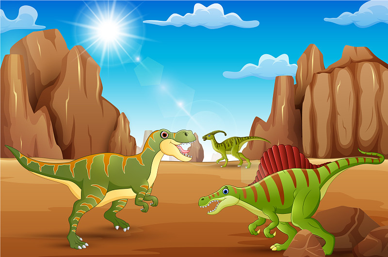 卡通快乐的恐龙生活在沙漠里图片下载