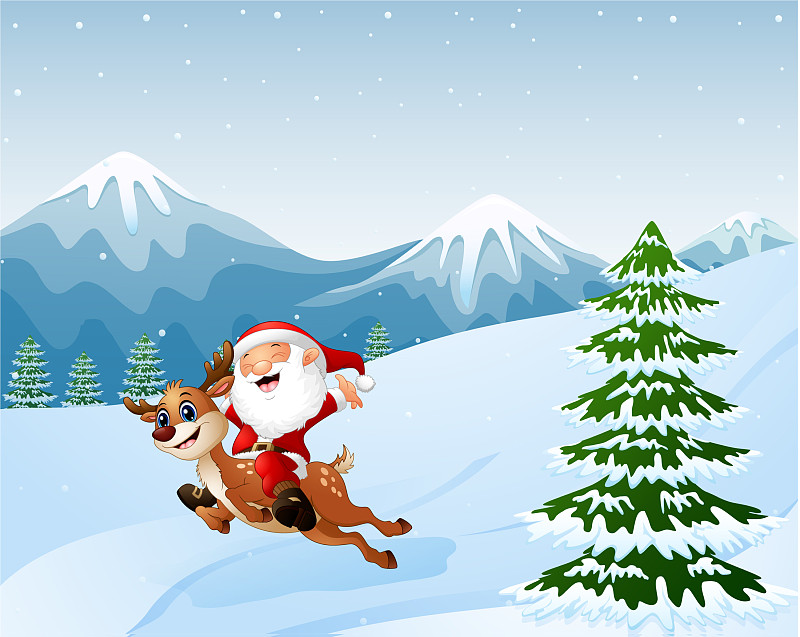 驯鹿和圣诞老人在雪橇上飞行