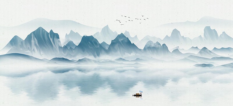 手绘中国风意境水墨山水风景画图片下载