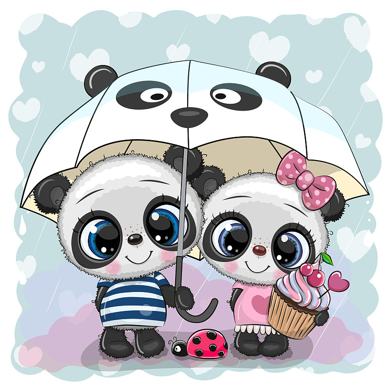 两只卡通熊猫撑着雨伞在下雨图片