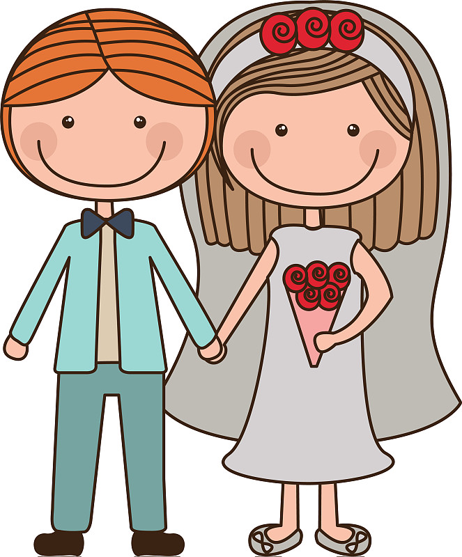 色彩鲜艳的漫画夫妇在婚礼的西装图片