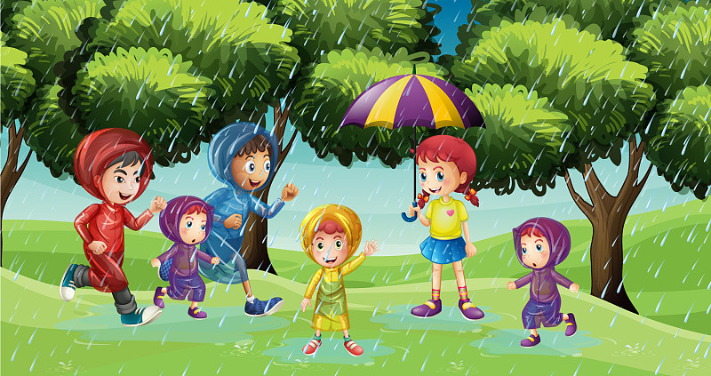 公园里孩子们在雨中奔跑的场景图片