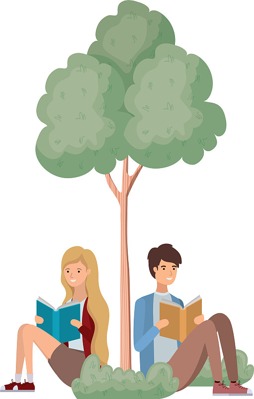 夫妇与书坐在风景与树木图片下载