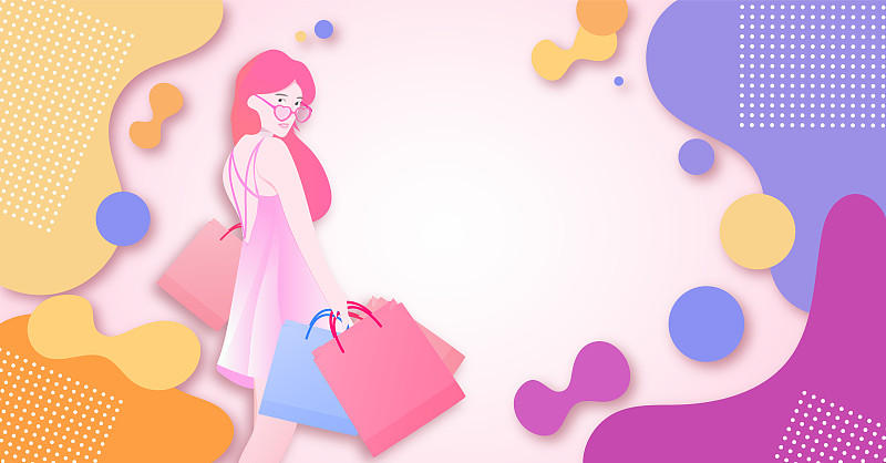 一位美丽时尚的都市少女用手机在网上购物消费的插画背景图片