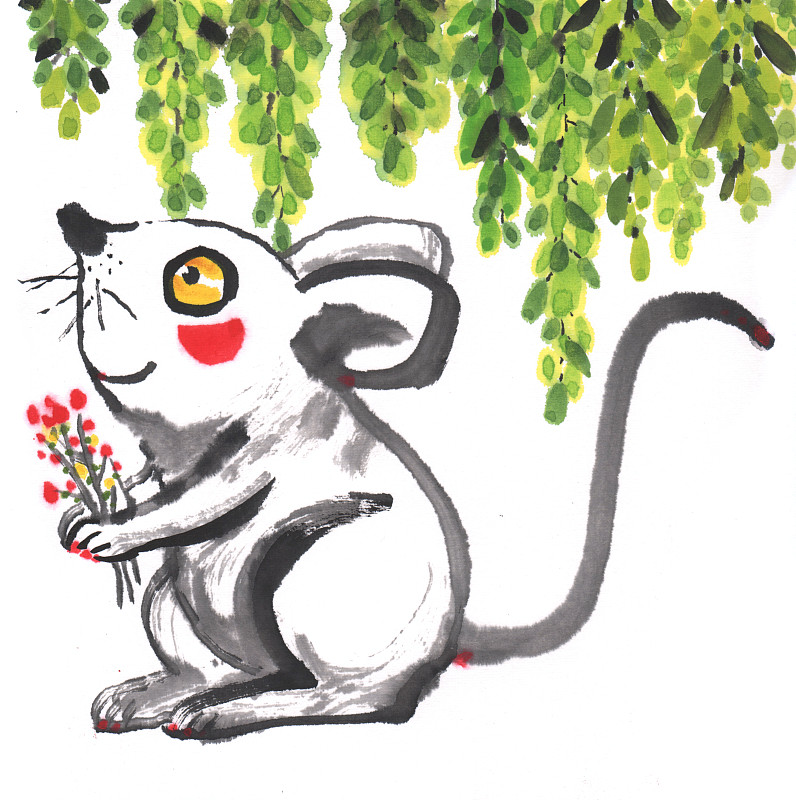 中国画水墨画-拿着花的生肖鼠图片下载