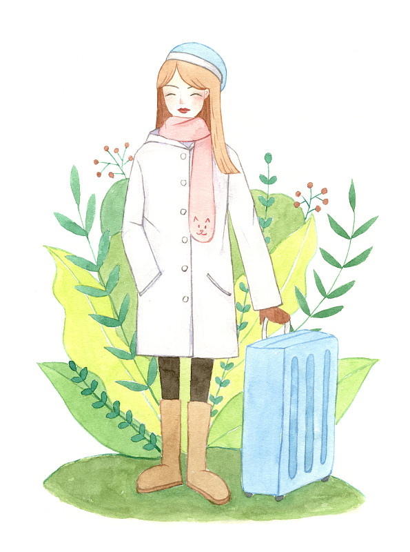 手绘冬天一个拉着行李箱站立的少女水彩插画下载