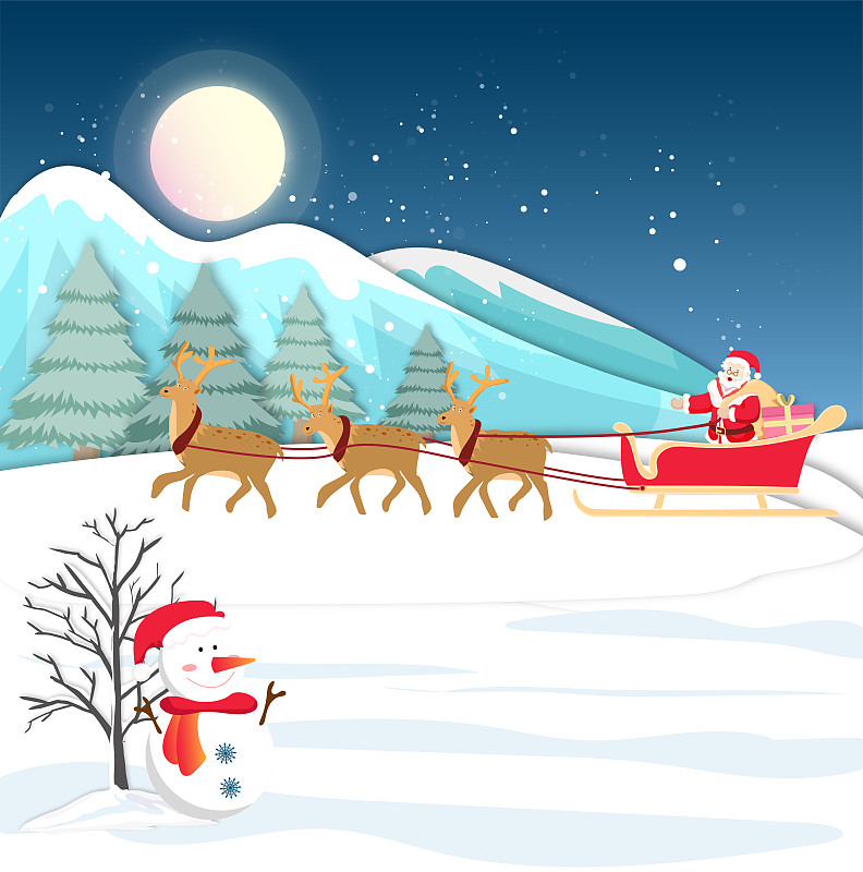 冬天夜晚月亮照耀着雪山和森林，圣诞节平安夜里圣诞老人送礼物图片下载