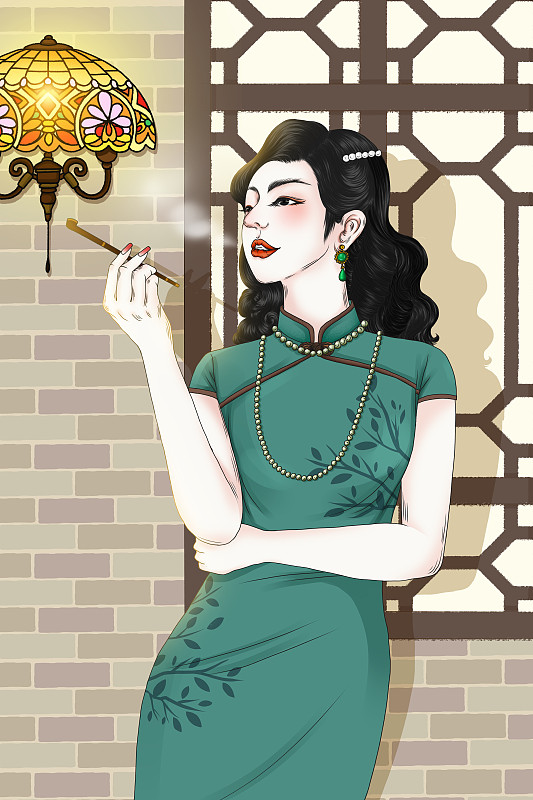 复古老上海风情—穿旗袍的女人图片下载