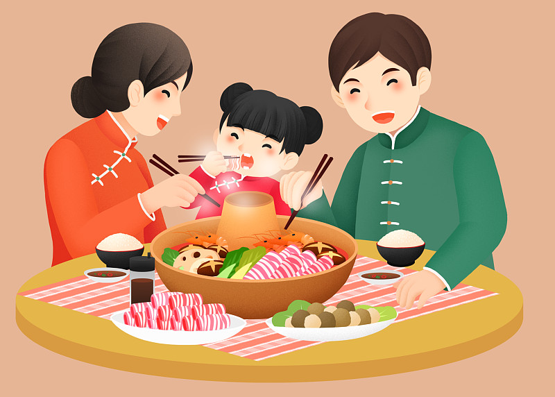 一家人团聚吃火锅插画图片