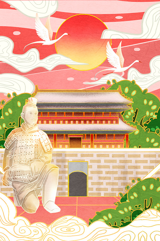 国潮风西安城墙和秦始皇兵马俑插画图片