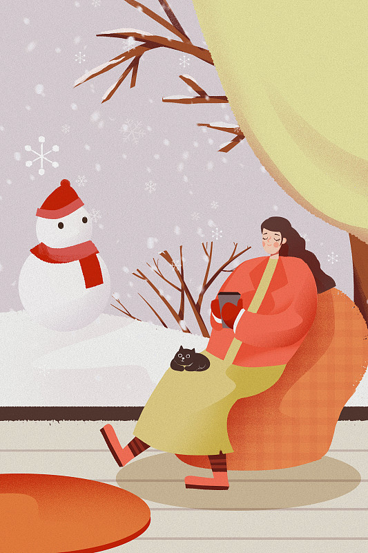 卡通手绘小雪节气冬天女孩室内喝茶插画下载