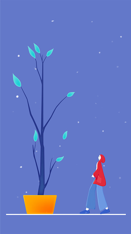二十四节气小寒 下雪的冬天夜里 穿着红色衣服的女孩戴着帽子走图片素材