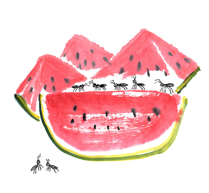 中国画水墨插画-西瓜和蚂蚁下载