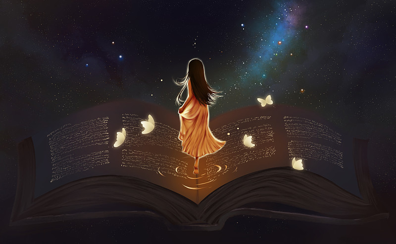 发光的少女赤脚走在翻开的书页上周围有发光的蝴蝶 古老的书籍图片下载