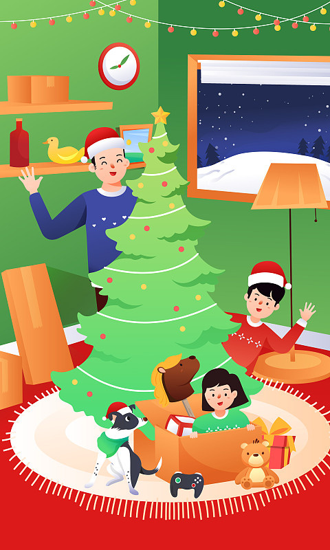 卡通圣诞节家人团聚庆祝活动背景矢量插画下载