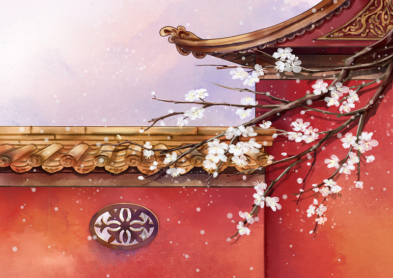 中国风手绘二十四节气插画小雪红墙白梅下载