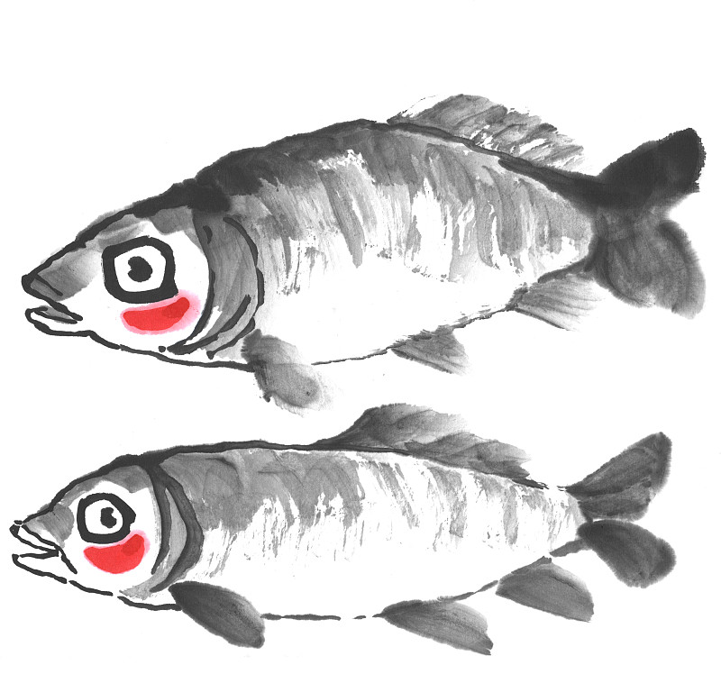国画水墨插画-两条鱼下载