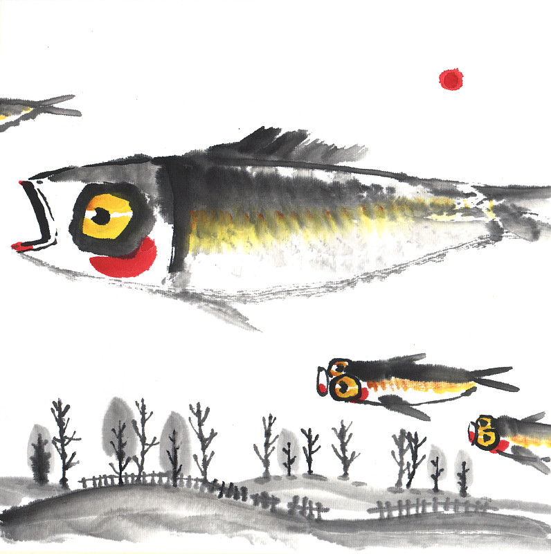 国画水墨插画-空中飞着的鱼下载