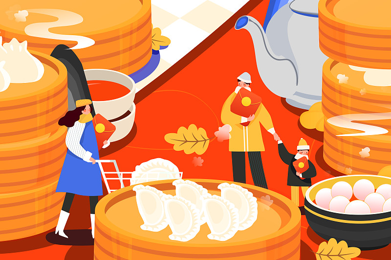 卡通冬至吃饺子逛街购物美食外卖活动背景矢量插画图片