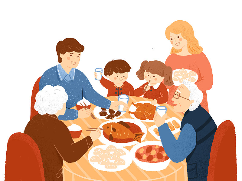 年夜饭家庭团圆插画图片