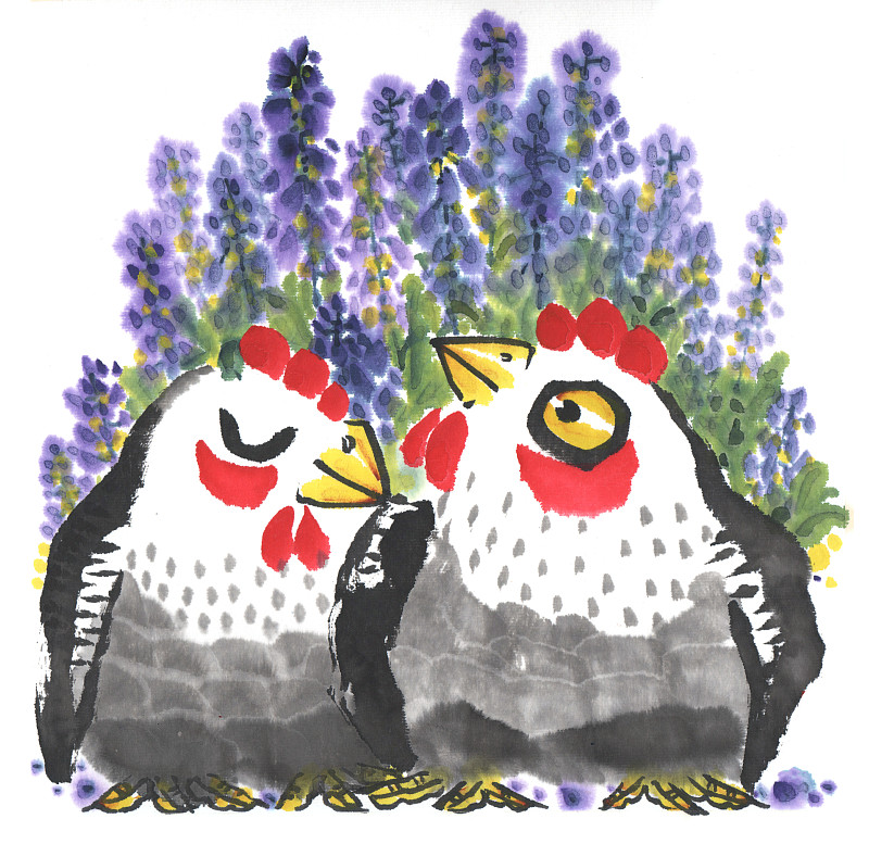 中国画水墨动物插画-站在花丛前边甜言蜜语的两只生肖鸡下载