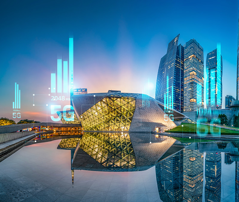 5G网络信号科技快速发展广州夜景大剧地标旅游城市建筑经济中心图片下载