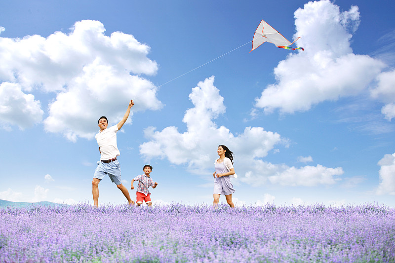 幸福家庭在郊外放风筝图片下载