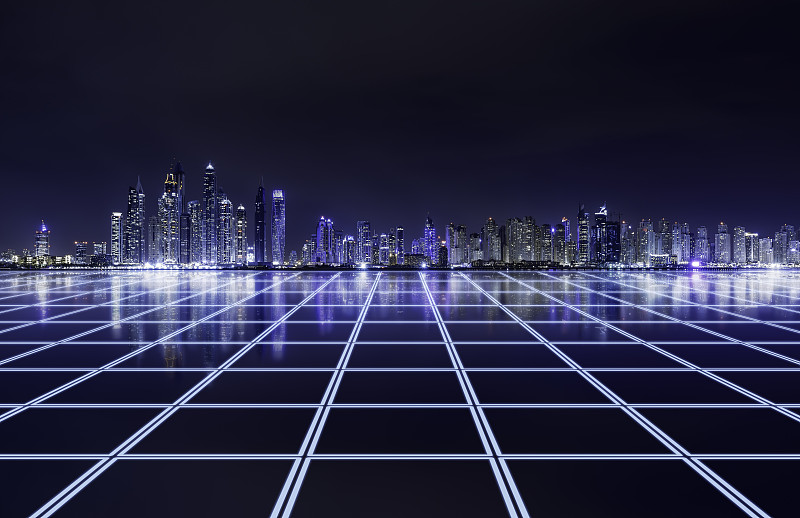 科技感地面和迪拜摩天大楼繁华夜景图片素材