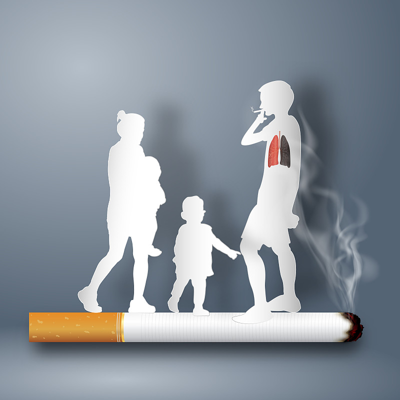 香烟摧毁了家庭的健康，无烟日的世界，工艺风格和纸的艺术理念。矢量图下载