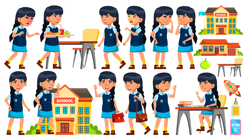 亚洲女孩向量。小学生。动画创建集。面对情绪，手势。生活，情感，姿态。用于演示，打印，邀请设计。动画。卡通插图图片下载