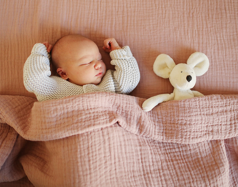 一个新生儿和他的可爱玩具在家里睡觉图片下载