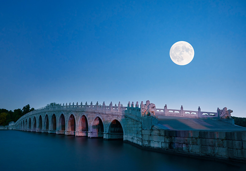 拱桥在河上对着天空在夜晚图片素材