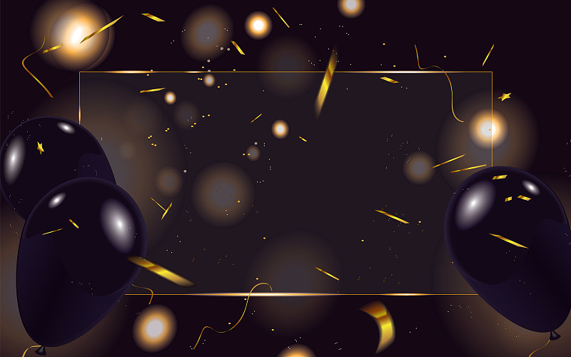 Abstract defocused confetti and black balloons with cover for your text isolated on dark sparkle background图片素材