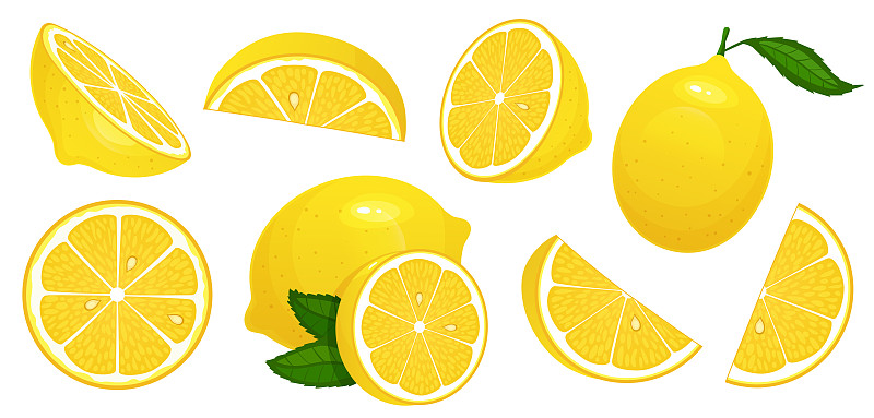 柠檬片。新鲜柑橘，半切片柠檬和切碎的柠檬孤立卡通矢量插图集图片下载