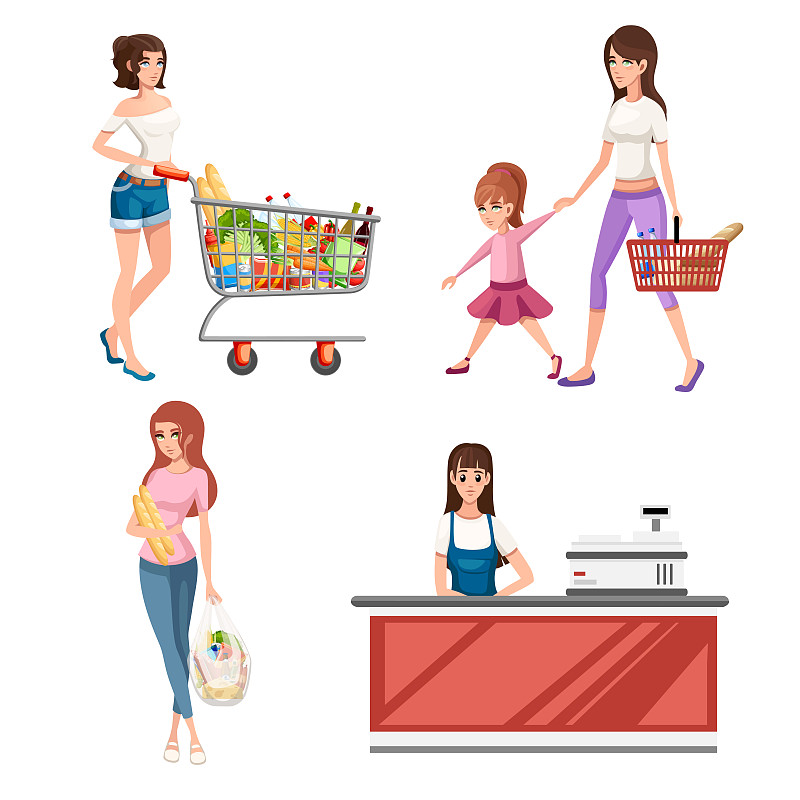 漂亮的年轻女人，购物车里装满了蔬菜和水果。快乐女性卡通风格设计。平面矢量插图上的白色背景。购物大厅概念图片下载