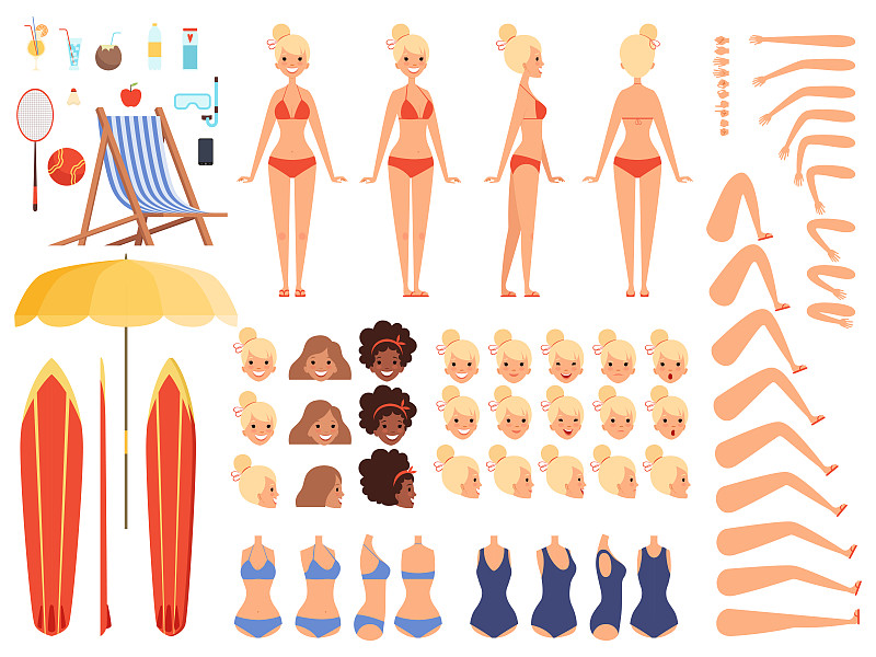 夏天的字符。面对女性人体部位夏日泳衣游客度假躺椅舌鸡尾酒伞矢量创作工具包图片下载