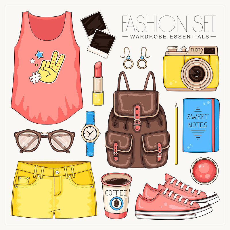 Woman fashion summer clothes, cosmetics and accessories set with t shirt, backpack, photo camera, sunglasses and shorts图片素材