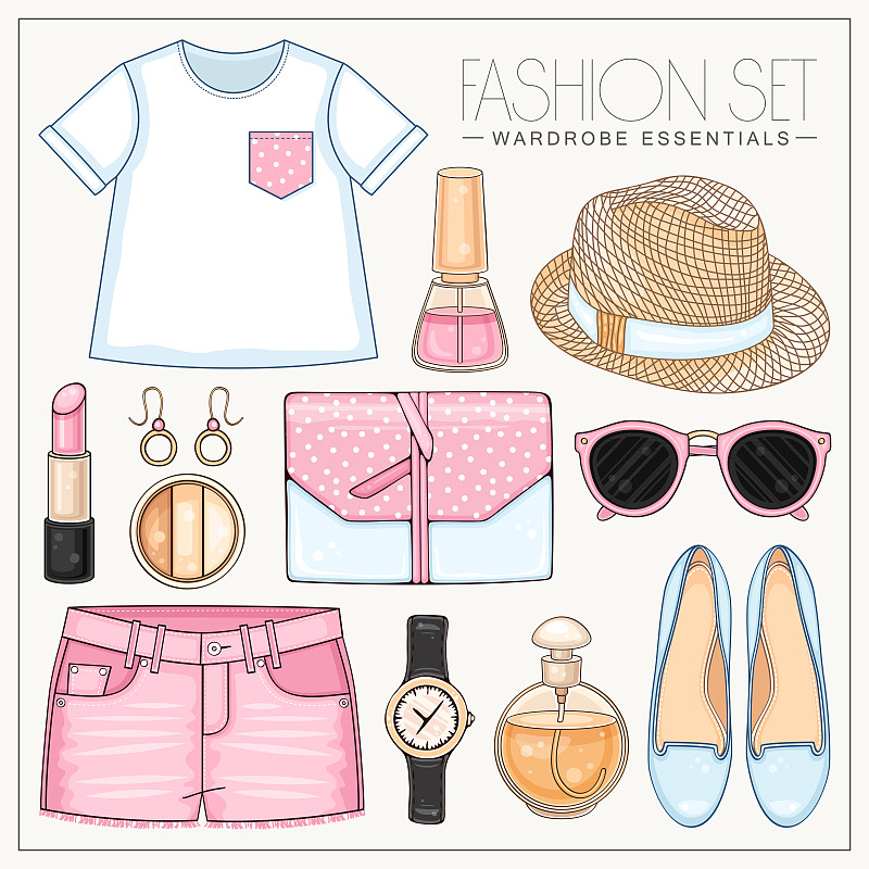 女性时尚夏季服装，化妆品和配饰与粉红色圆点上衣，包，帽子，太阳镜和短裤图片下载