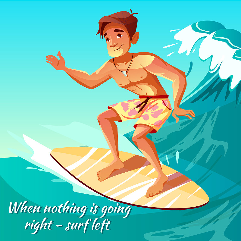 夏天冲浪男孩在波浪矢量插图图片下载