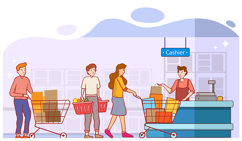 顾客在超市或百货公司排队结账时，将购物车放在收银台。购买和排队在收银员，排队在商店，卡通平面矢量插图图片下载