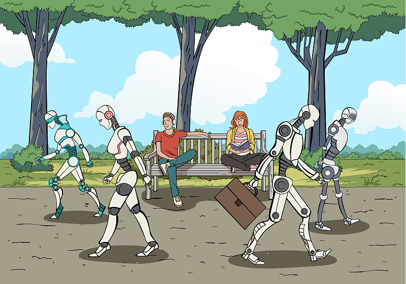 现代机器人在公园里散步，而人类在长凳上休息。图片下载