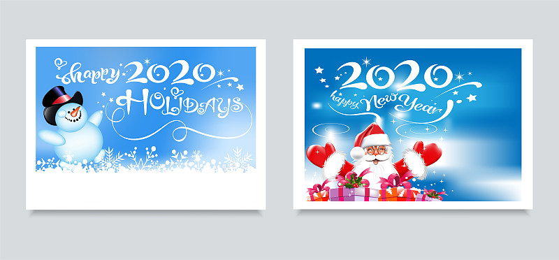 给你设计的圣诞卡。两个可爱的形象，快乐的圣诞老人和快乐的雪人在蓝色。描述:节日快乐，2020年新年快乐。模板:贺卡，横幅，海报图片下载