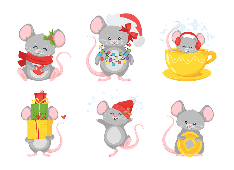 圣诞老鼠平面插图集图片素材