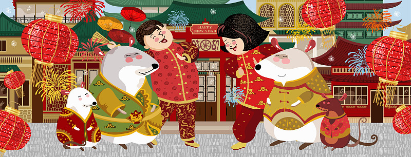 春节快乐!鼠年。穿着民族服装的亚洲人和老鼠庆祝这个节日。矢量插图的旗帜男人和女人，灯笼，鼠标和城市。图片素材