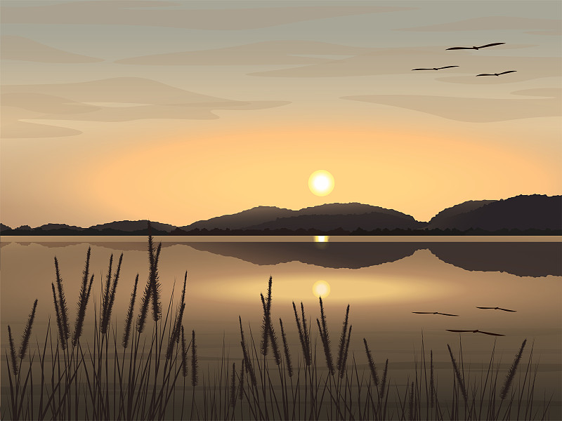 矢量插图美丽的自然景观图像的湖，山，傍晚的天空太阳正在落下，草和鸟飞翔。图片下载