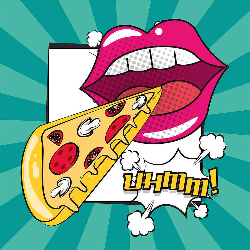 海报波普艺术风格的女性嘴吃披萨图片下载