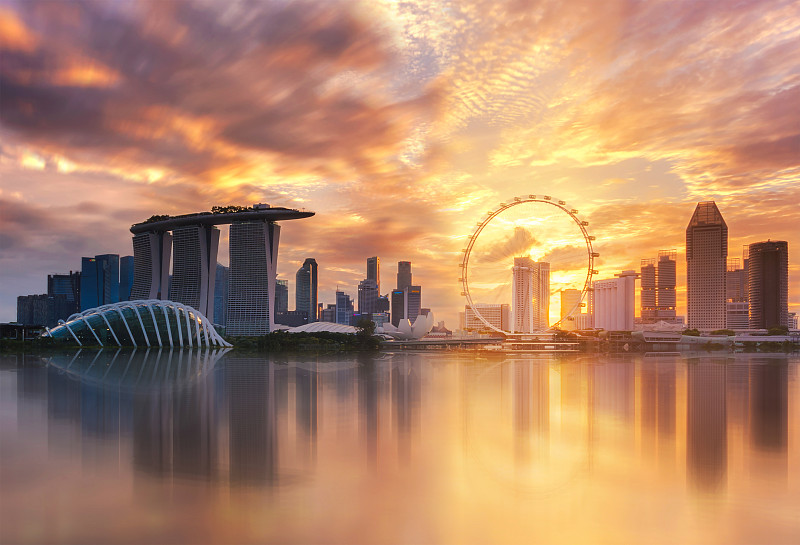 新加坡滨海湾地标，日落，美丽的天空图片下载