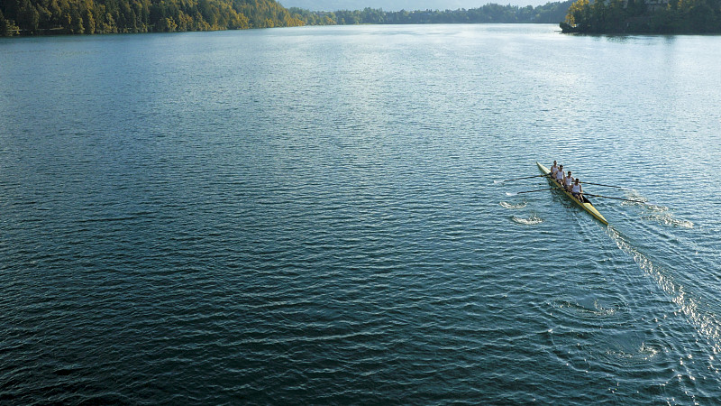 四个男运动员在阳光下在湖上划桨图片下载