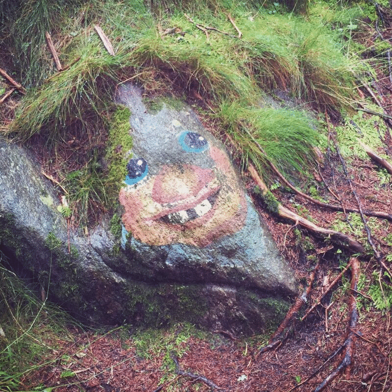 画在岩石上的笑脸和移动的绿色头发图片下载